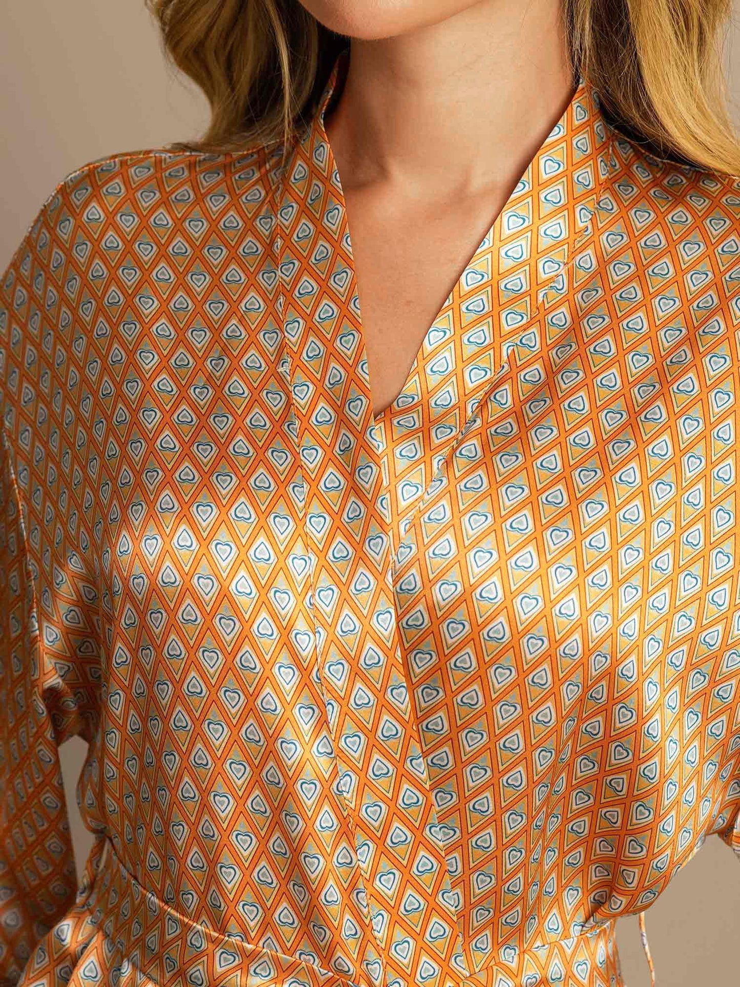 Pure Silk Geometrischer Print Damen Kimono Robe