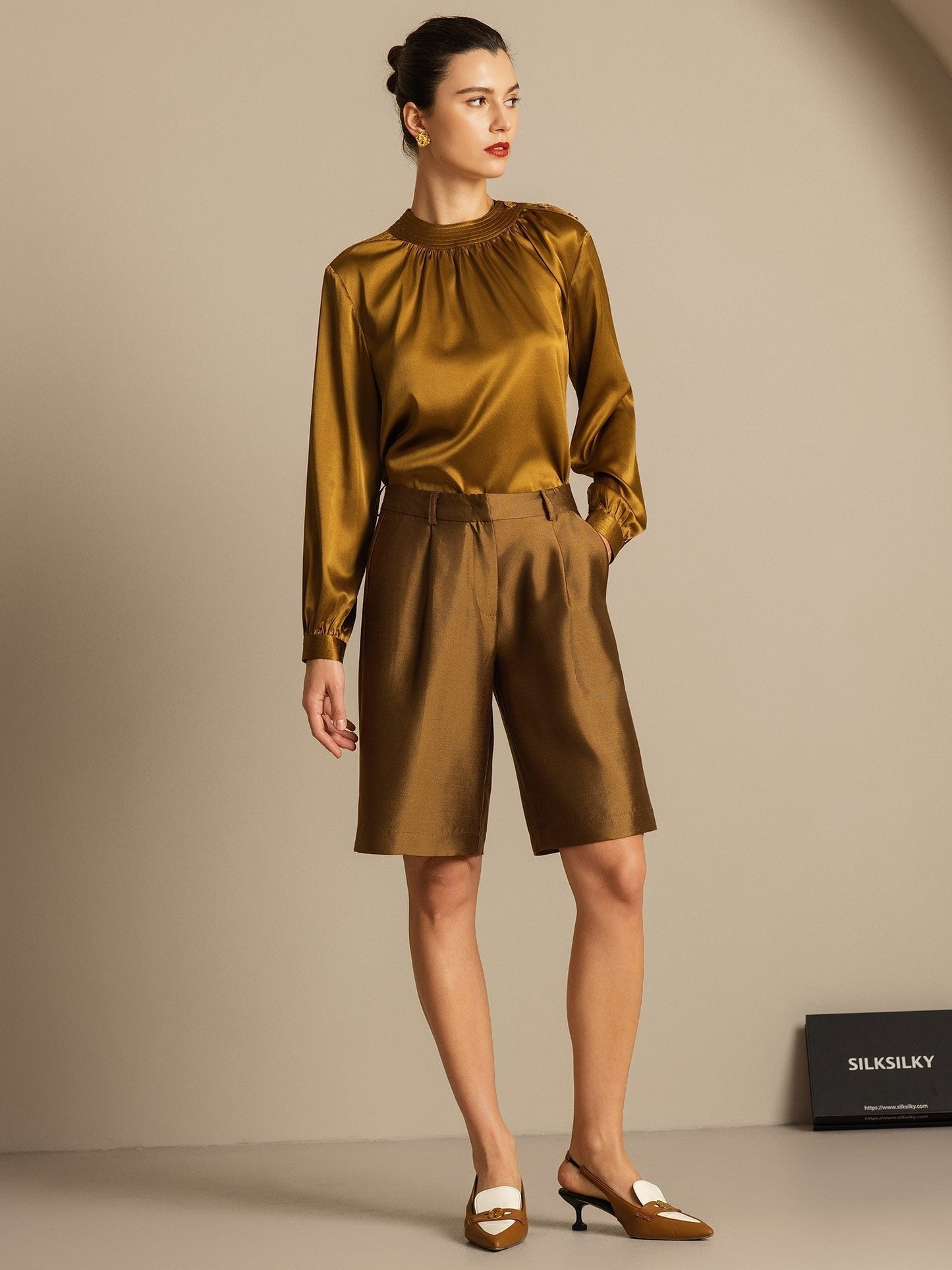 32Momme Seide-Wolle-Mischung Hohe Taille Gerade Passform Damen Mid-Länge Hose mit Seitentaschen Design