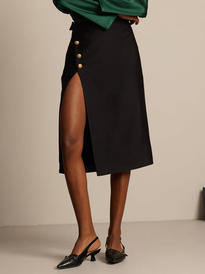 32Momme Seiden-Woll-Mix Midi-Rock mit Schlitz-Design