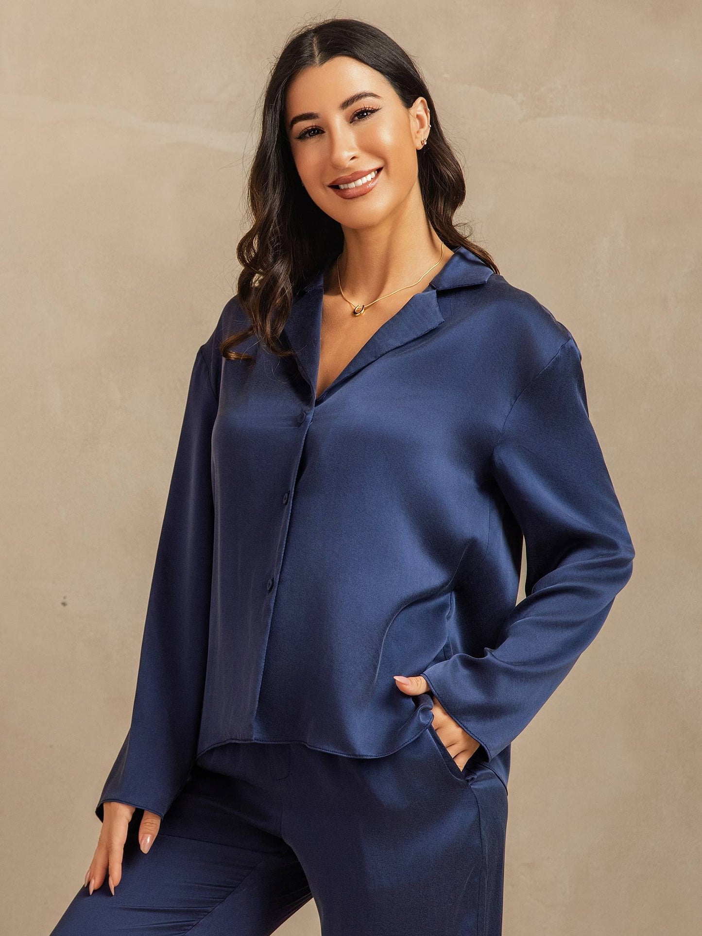 19Momme Waschbare Seide Langarm Notch Kragen Damen Schlafanzug Set