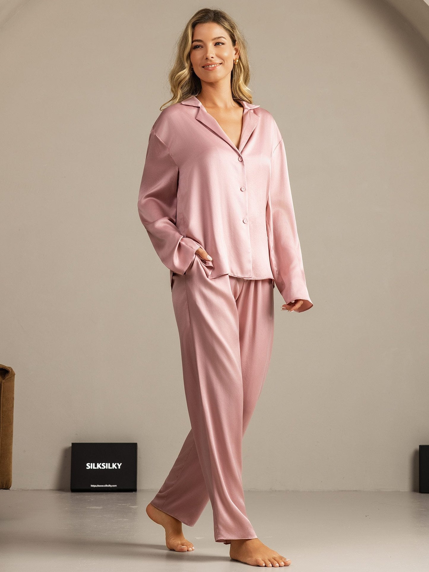 19Momme Waschbare Seide Langarm Notch Kragen Damen Schlafanzug Set