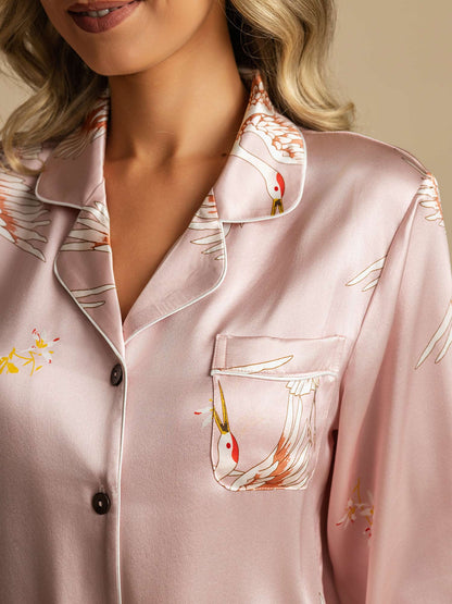 19Momme Damen Reines Seidenpyjama Set Mit Kranichdruck Und Langarm