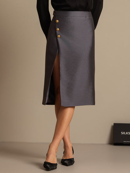 32Momme Seiden-Woll-Mix Midi-Rock mit Schlitz-Design