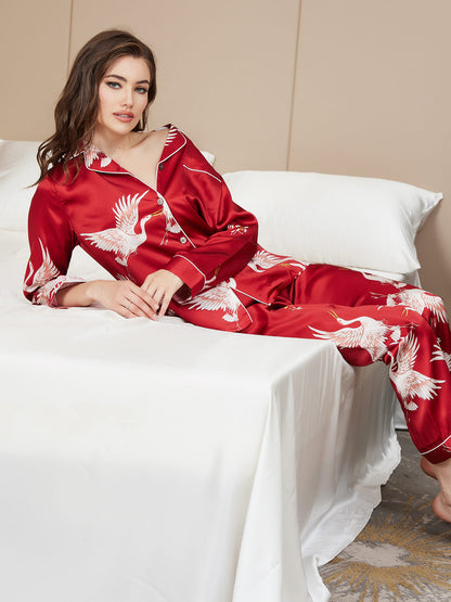 19Momme Damen Reines Seidenpyjama Set Mit Kranichdruck Und Langarm