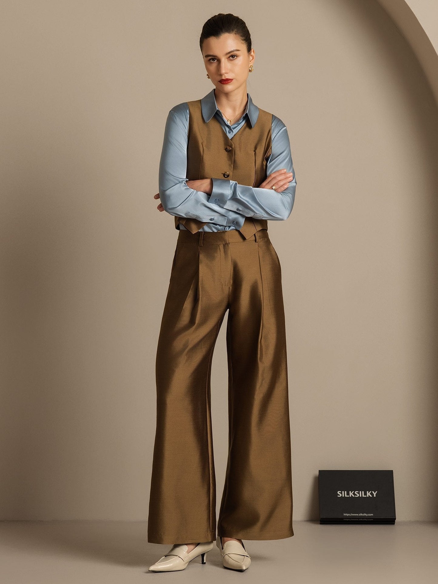 32Momme Seide-Wolle-Mischung Hochbund Weite Bein Damenhose mit Seitentaschen Design