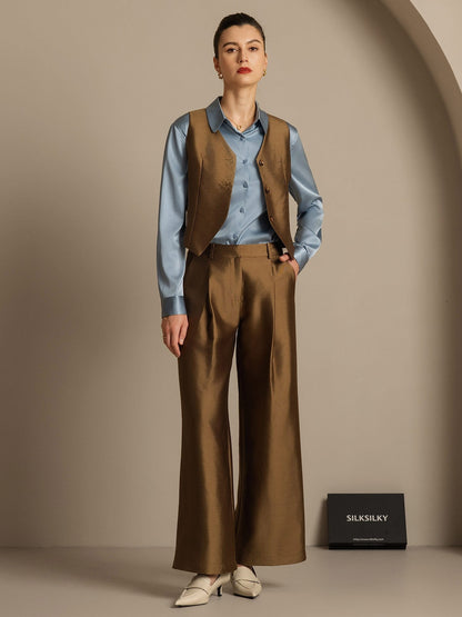 32Momme Seide-Wolle-Mischung Hochbund Weite Bein Damenhose mit Seitentaschen Design