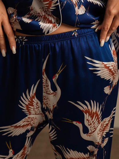 19Momme Damen Reines Seidenpyjama Set Mit Kranichdruck Und Langarm