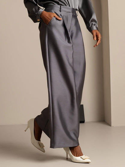 32Momme Seide-Wolle-Mischung Hochbund Weite Bein Damenhose mit Seitentaschen Design