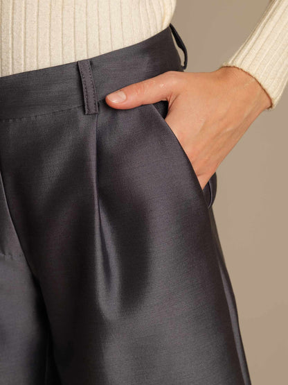 32Momme Seide-Wolle-Mischung Hohe Taille Gerade Passform Damen Mid-Länge Hose mit Seitentaschen Design