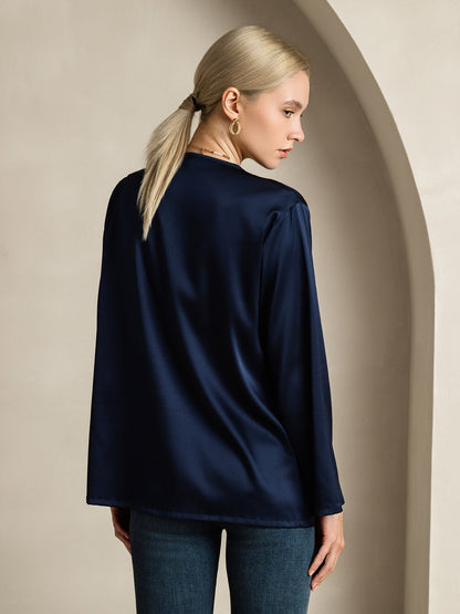 19Momme Seide Langärmelig V-Ausschnitt Hemd