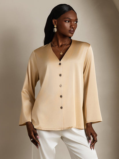 19Momme Seide Langärmelig V-Ausschnitt Hemd