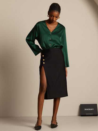 32Momme Seiden-Woll-Mix Midi-Rock mit Schlitz-Design