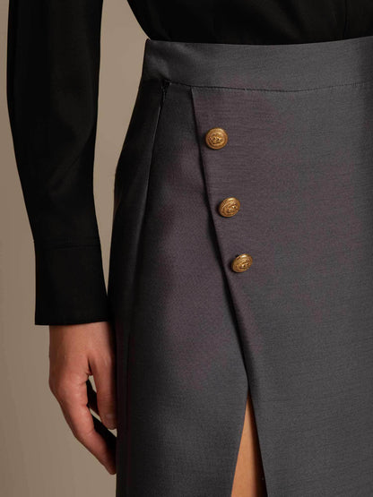 32Momme Seiden-Woll-Mix Midi-Rock mit Schlitz-Design