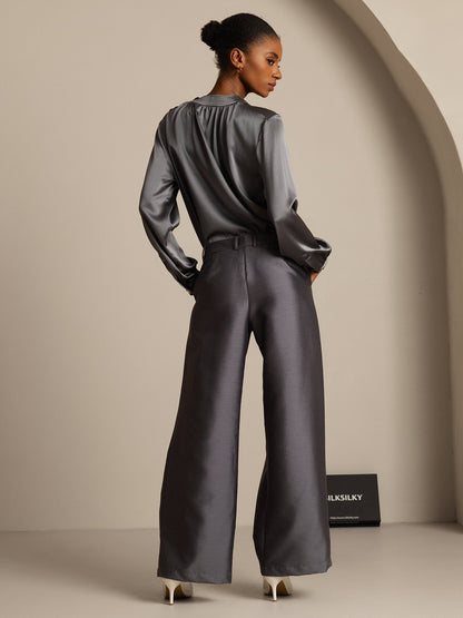 32Momme Seide-Wolle-Mischung Hochbund Weite Bein Damenhose mit Seitentaschen Design