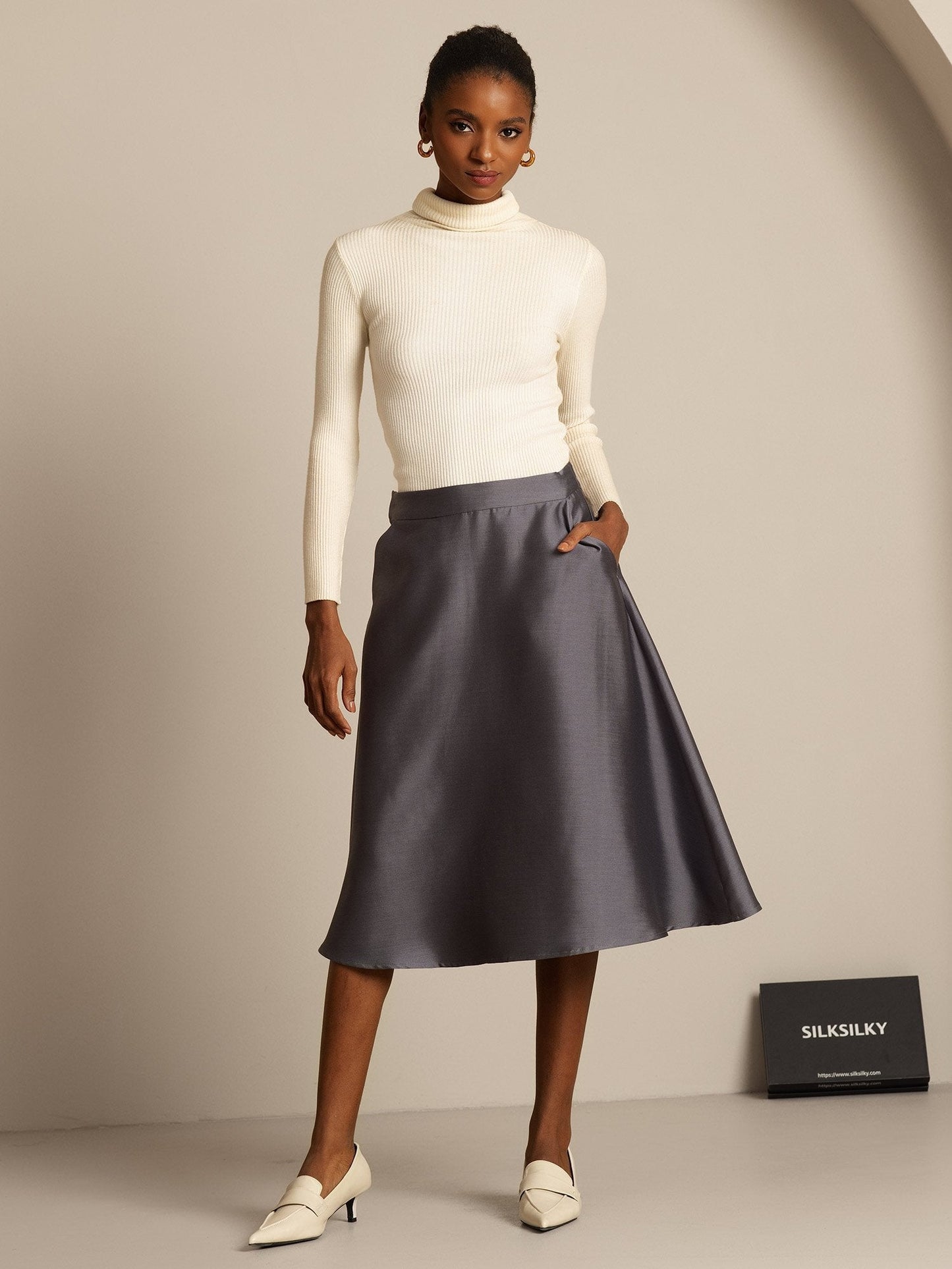 32Momme Seide-Wolle-Mischung A-Linien Midi-Rock mit Reißverschluss-Design