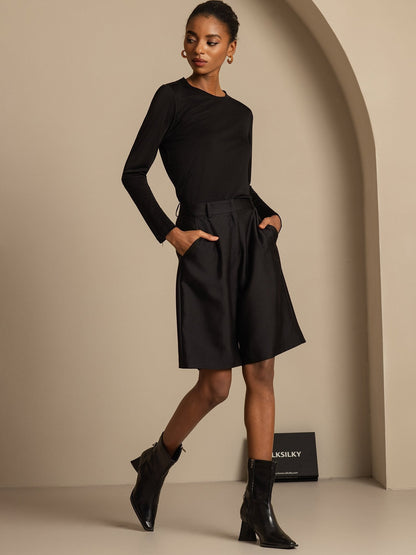 32Momme Seide-Wolle-Mischung Hohe Taille Gerade Passform Damen Mid-Länge Hose mit Seitentaschen Design