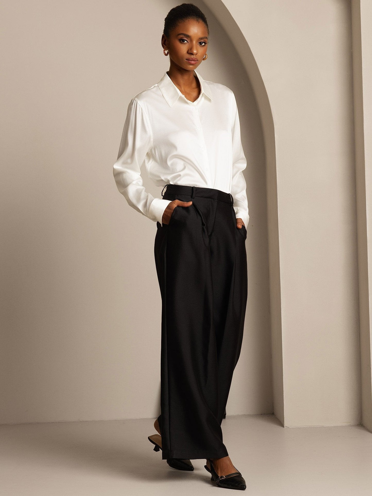 32Momme Seide-Wolle-Mischung Hochbund Weite Bein Damenhose mit Seitentaschen Design