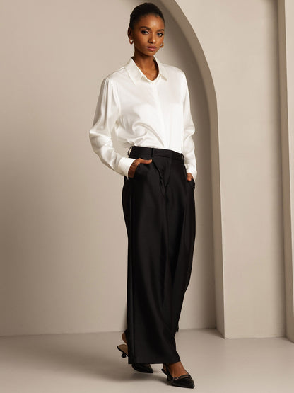 32Momme Seide-Wolle-Mischung Hochbund Weite Bein Damenhose mit Seitentaschen Design