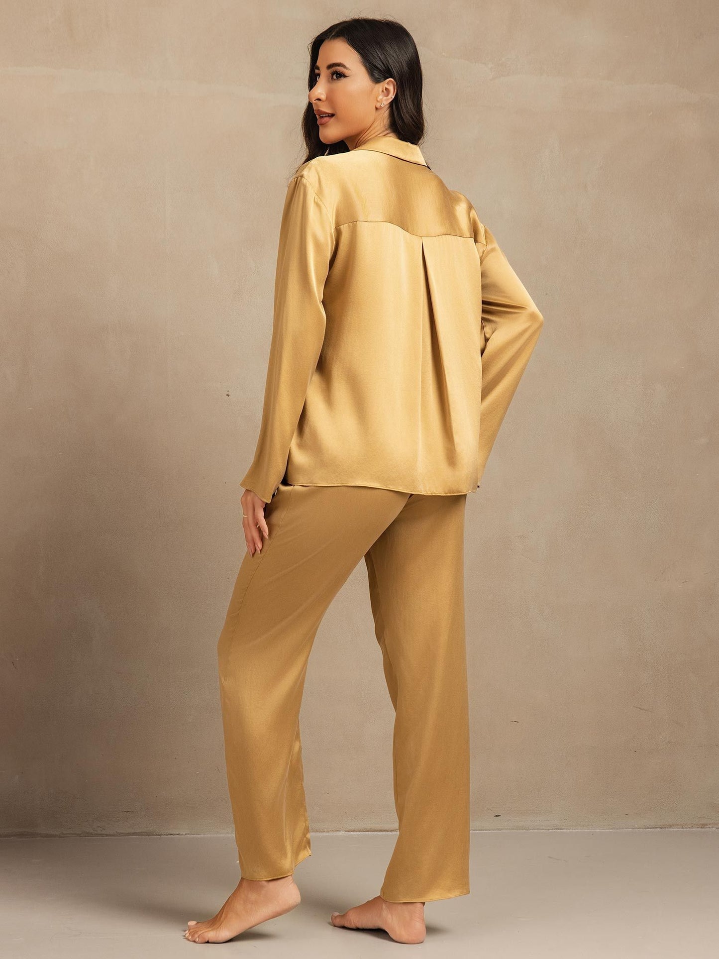 19Momme Waschbare Seide Langarm Notch Kragen Damen Schlafanzug Set