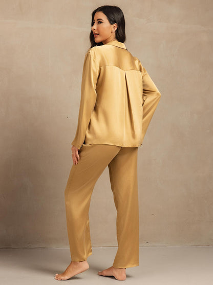 19Momme Waschbare Seide Langarm Notch Kragen Damen Schlafanzug Set