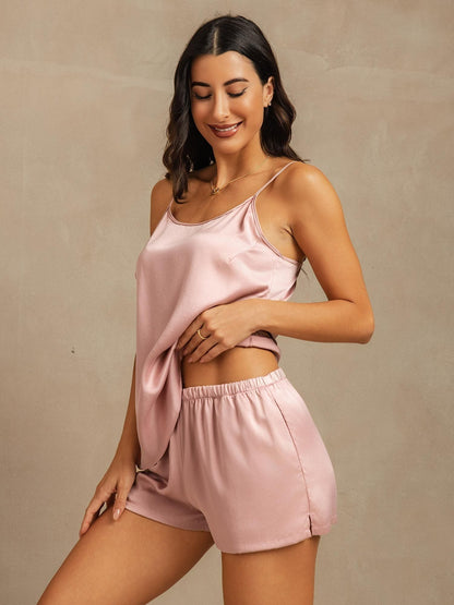 19 Momme Waschbare Seide Spaghetti-Träger Rundhalsausschnitt Camisole Set mit Seitentaschendesign