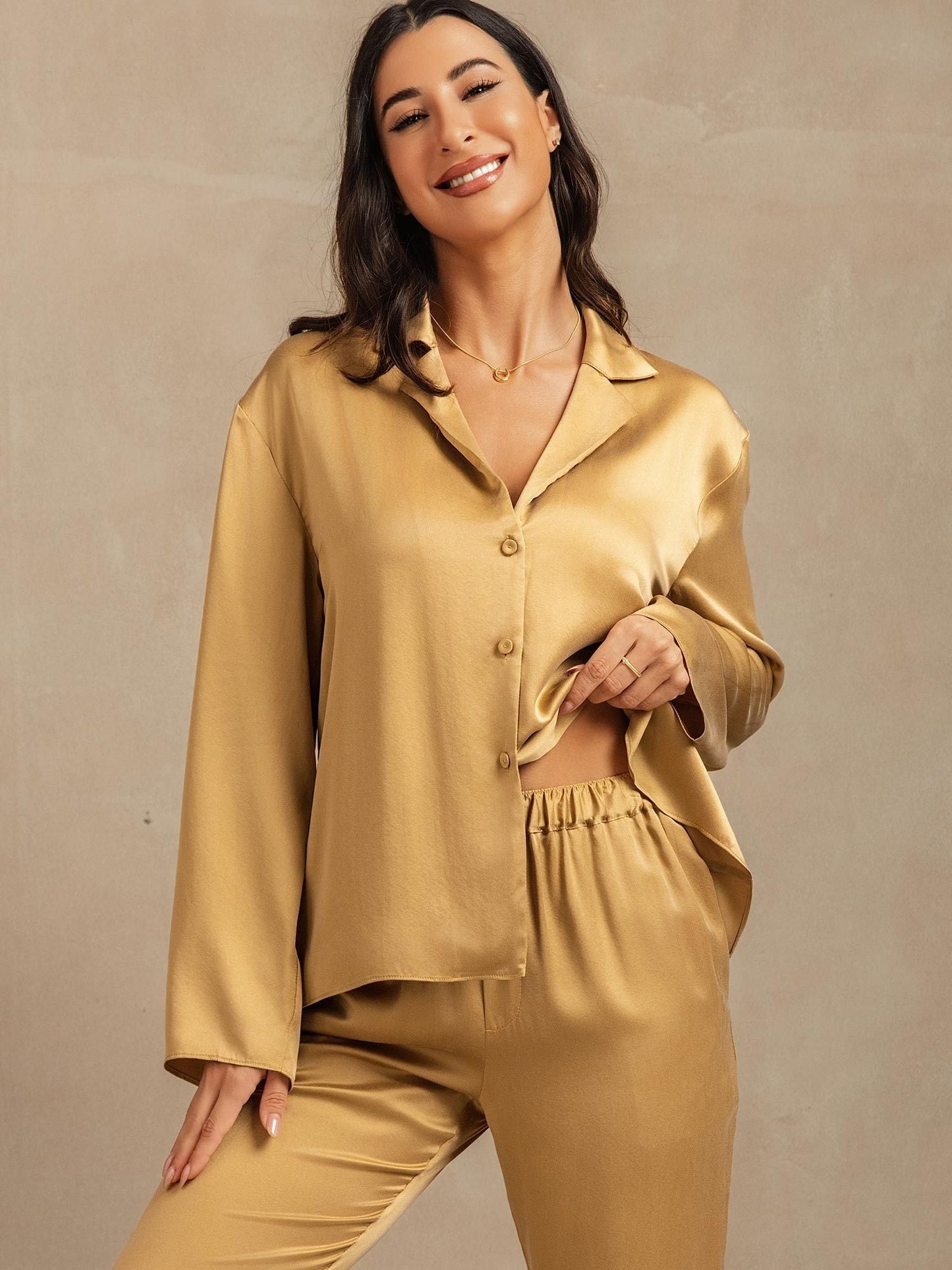 19Momme Waschbare Seide Langarm Notch Kragen Damen Schlafanzug Set