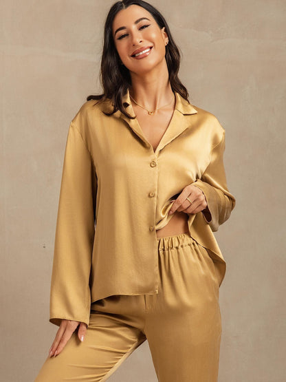 19Momme Waschbare Seide Langarm Notch Kragen Damen Schlafanzug Set