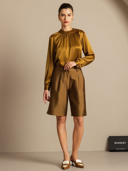 32Momme Seide-Wolle-Mischung Hohe Taille Gerade Passform Damen Mid-Länge Hose mit Seitentaschen Design