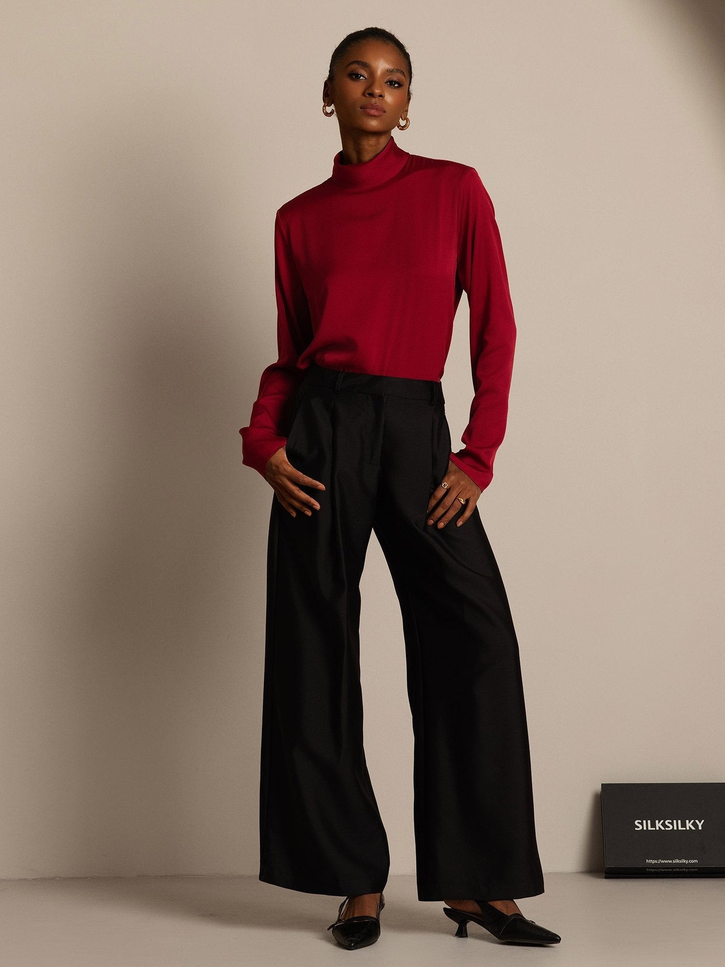 32Momme Seide-Wolle-Mischung Hochbund Weite Bein Damenhose mit Seitentaschen Design