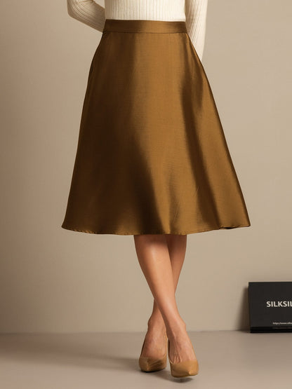 32Momme Seide-Wolle-Mischung A-Linien Midi-Rock mit Reißverschluss-Design