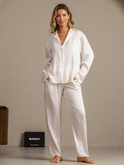 19Momme Waschbare Seide Langarm Notch Kragen Damen Schlafanzug Set