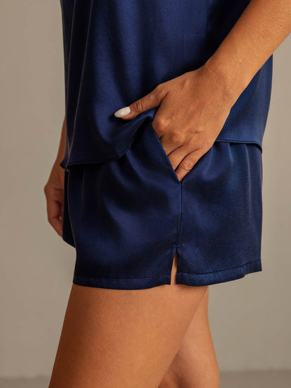 19 Momme Waschbare Seide Spaghetti-Träger Rundhalsausschnitt Camisole Set mit Seitentaschendesign