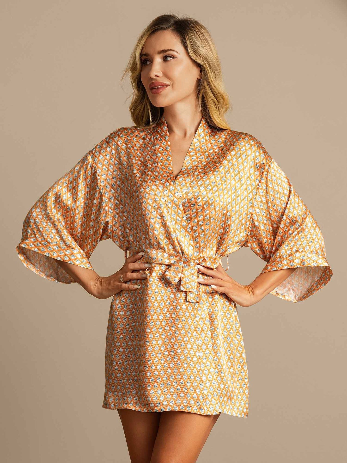 Pure Silk Geometrischer Print Damen Kimono Robe