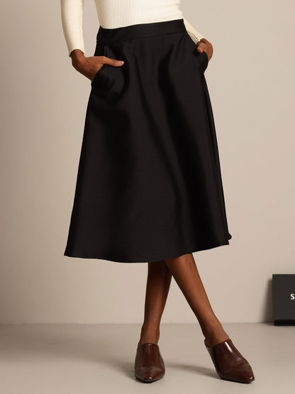 32Momme Seide-Wolle-Mischung A-Linien Midi-Rock mit Reißverschluss-Design