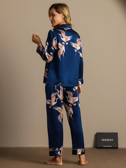 19Momme Damen Reines Seidenpyjama Set Mit Kranichdruck Und Langarm