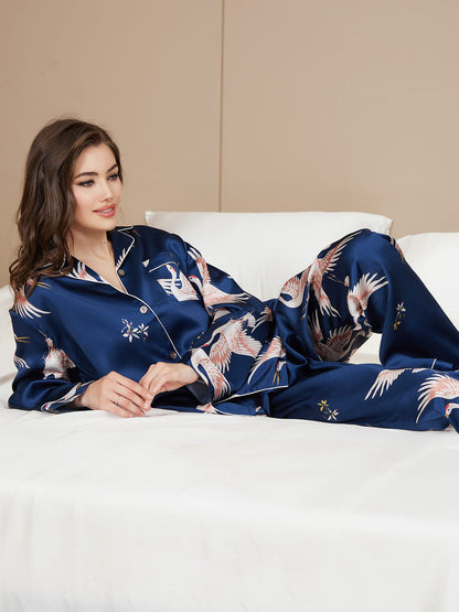 19Momme Damen Reines Seidenpyjama Set Mit Kranichdruck Und Langarm