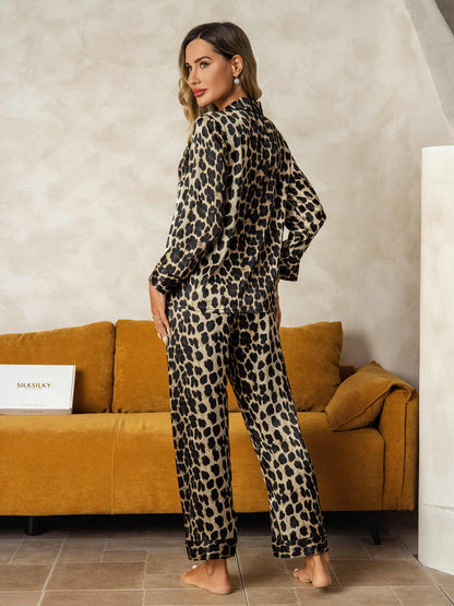 Damen Reine Seide Leopardenmuster Langarm Reverskragen Pyjama Set Mit Hose