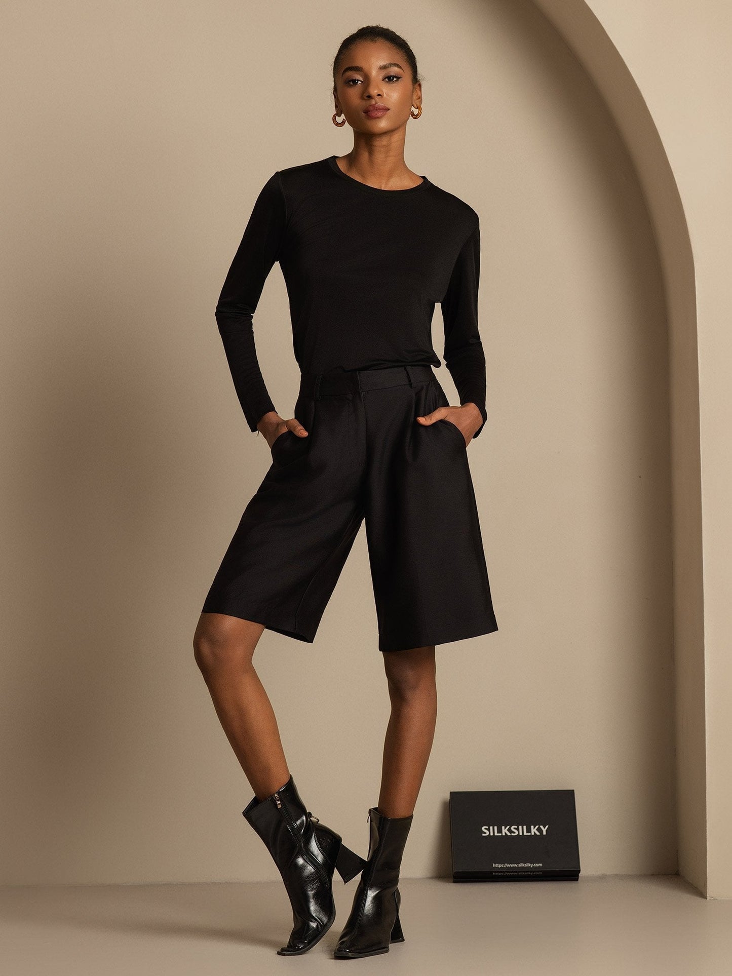 32Momme Seide-Wolle-Mischung Hohe Taille Gerade Passform Damen Mid-Länge Hose mit Seitentaschen Design