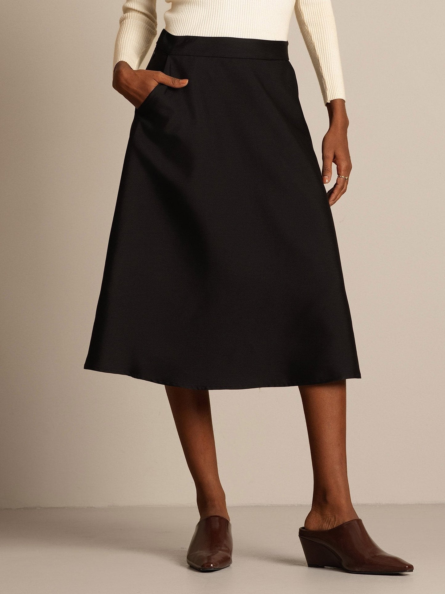 32Momme Seide-Wolle-Mischung A-Linien Midi-Rock mit Reißverschluss-Design