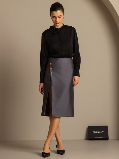 32Momme Seiden-Woll-Mix Midi-Rock mit Schlitz-Design