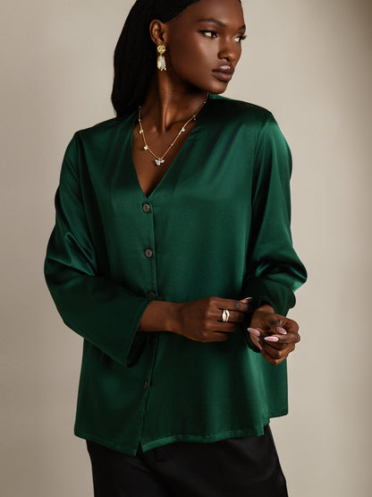 19Momme Seide Langärmelig V-Ausschnitt Hemd