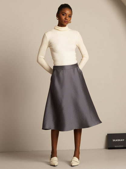 32Momme Seide-Wolle-Mischung A-Linien Midi-Rock mit Reißverschluss-Design