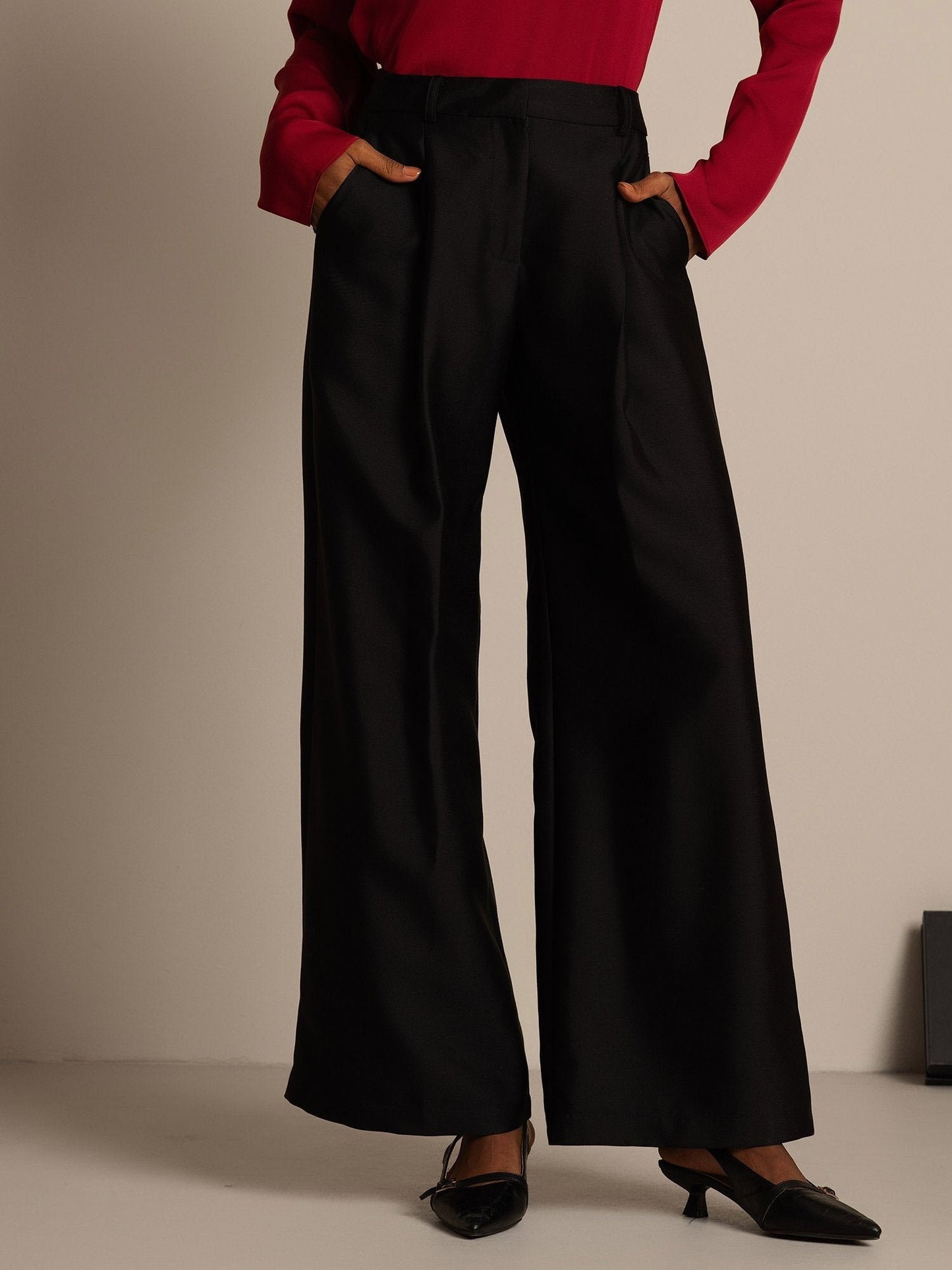 32Momme Seide-Wolle-Mischung Hochbund Weite Bein Damenhose mit Seitentaschen Design