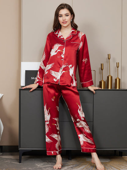 19Momme Damen Reines Seidenpyjama Set Mit Kranichdruck Und Langarm
