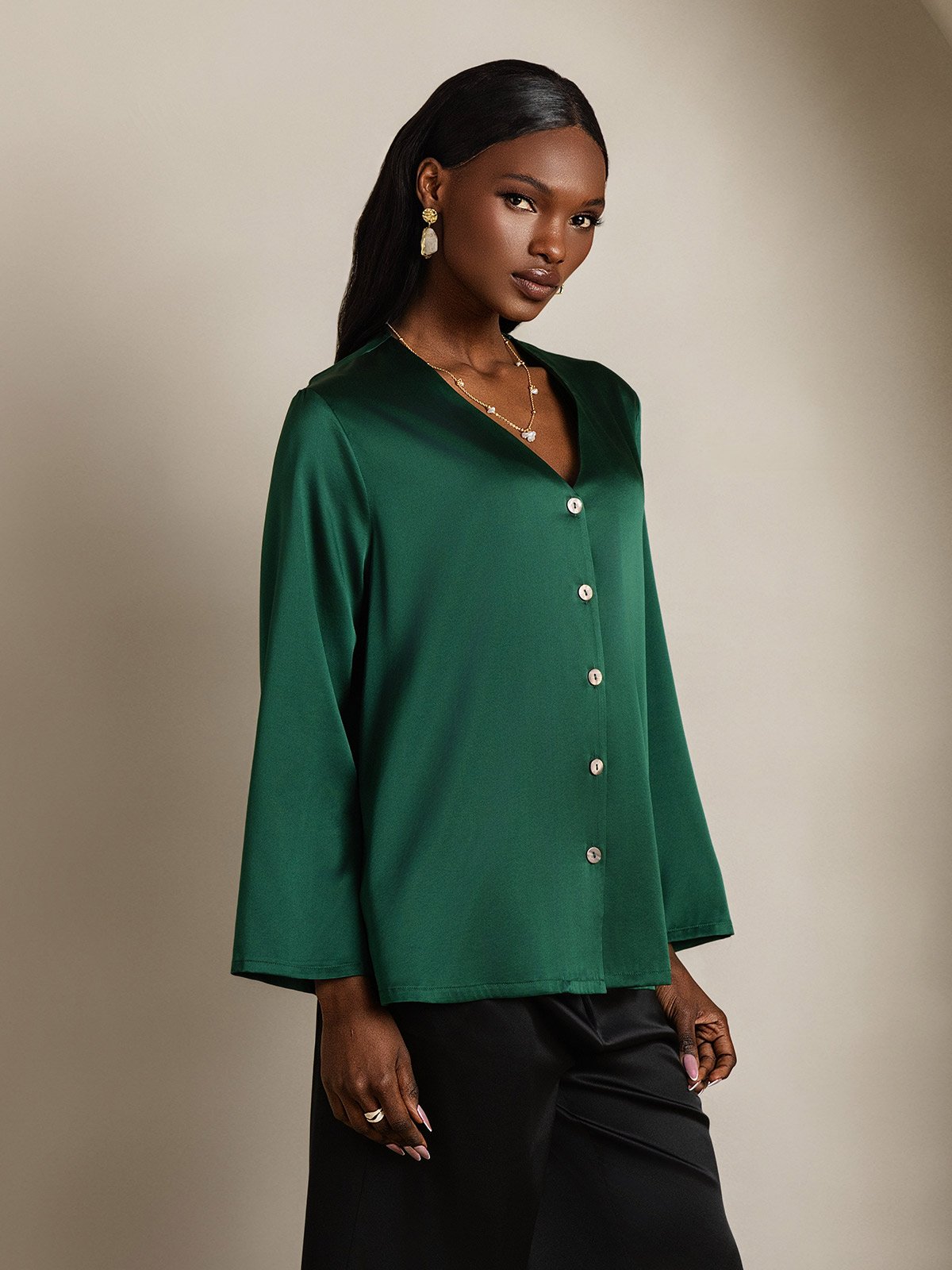 19Momme Seide Langärmelig V-Ausschnitt Hemd