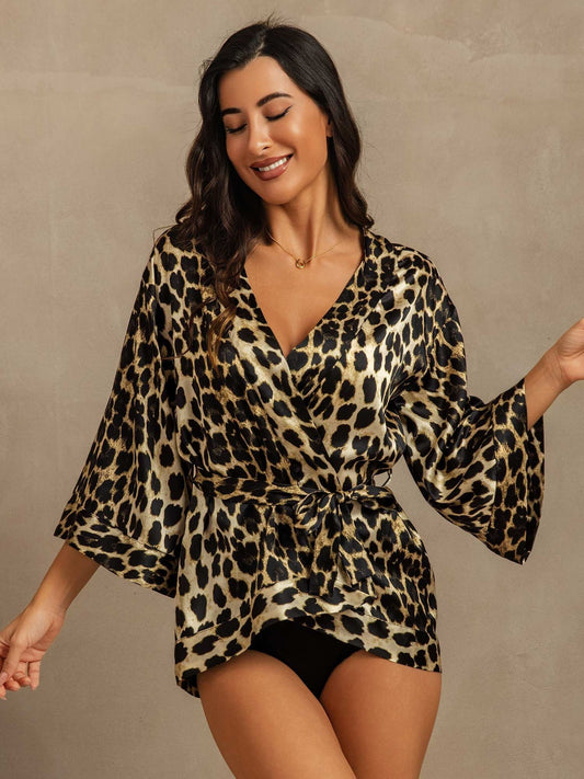 19Momme Seiden Damen Leopard Druck Gürtelt Mini Kimono Robe