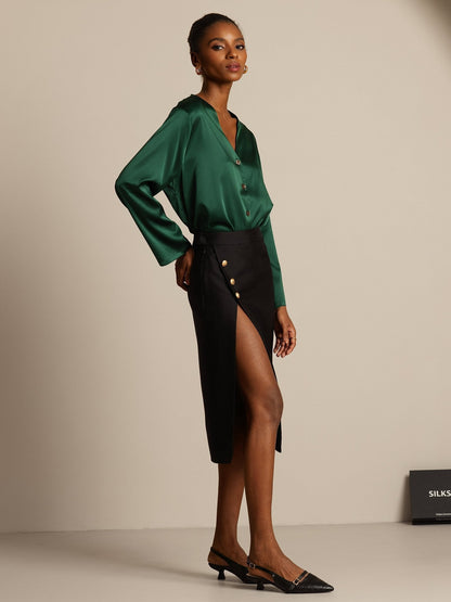 32Momme Seiden-Woll-Mix Midi-Rock mit Schlitz-Design