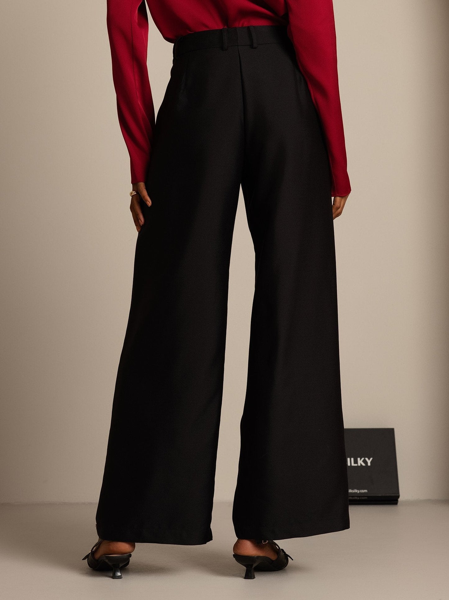 32Momme Seide-Wolle-Mischung Hochbund Weite Bein Damenhose mit Seitentaschen Design