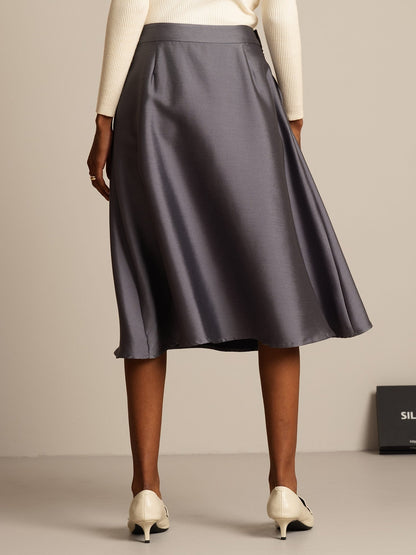32Momme Seide-Wolle-Mischung A-Linien Midi-Rock mit Reißverschluss-Design