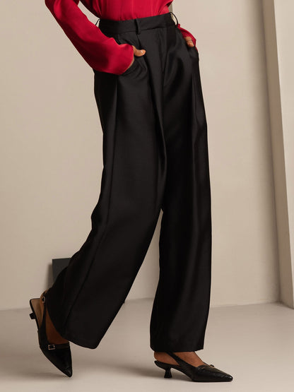 32Momme Seide-Wolle-Mischung Hochbund Weite Bein Damenhose mit Seitentaschen Design